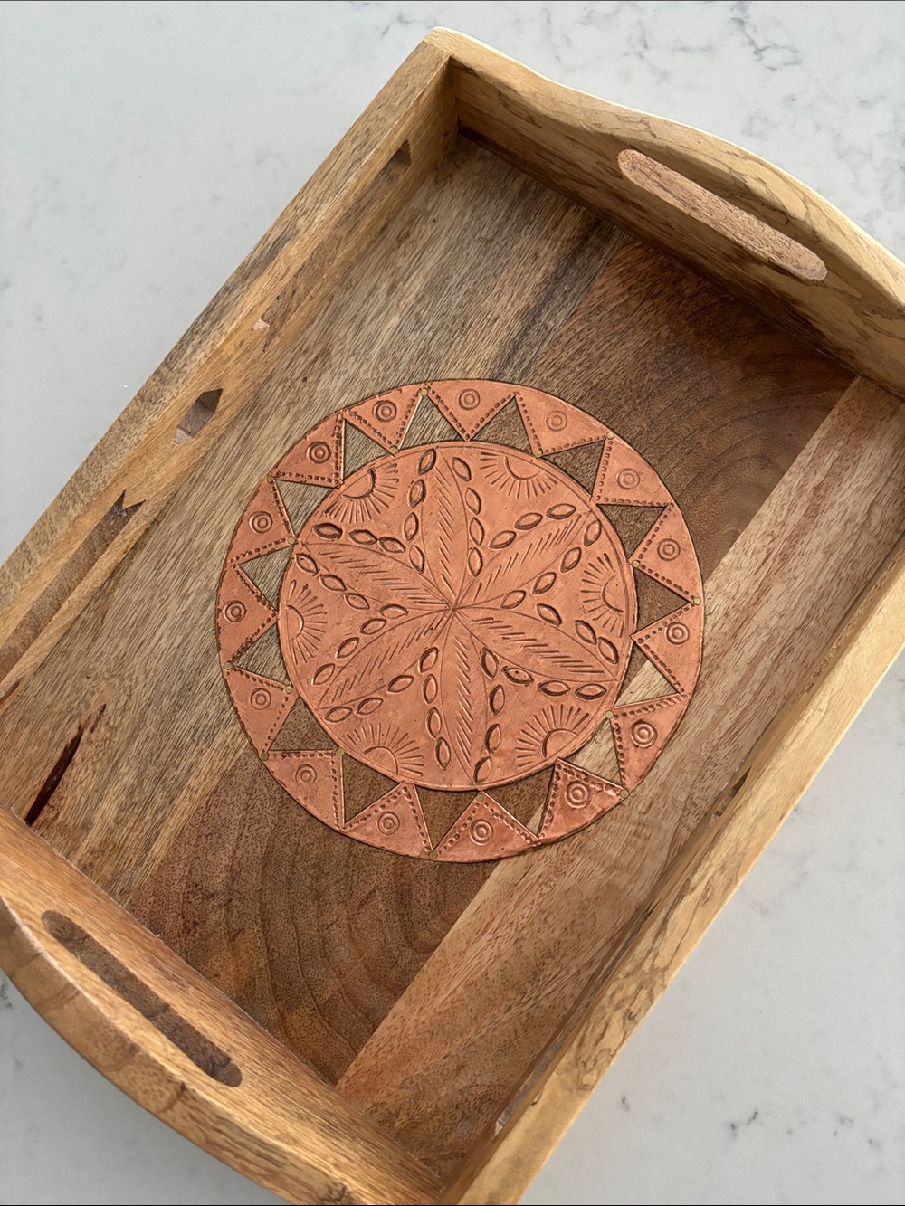 Handcrafted Wooden Serving Tray with Carved Terra-Cotta Medallion